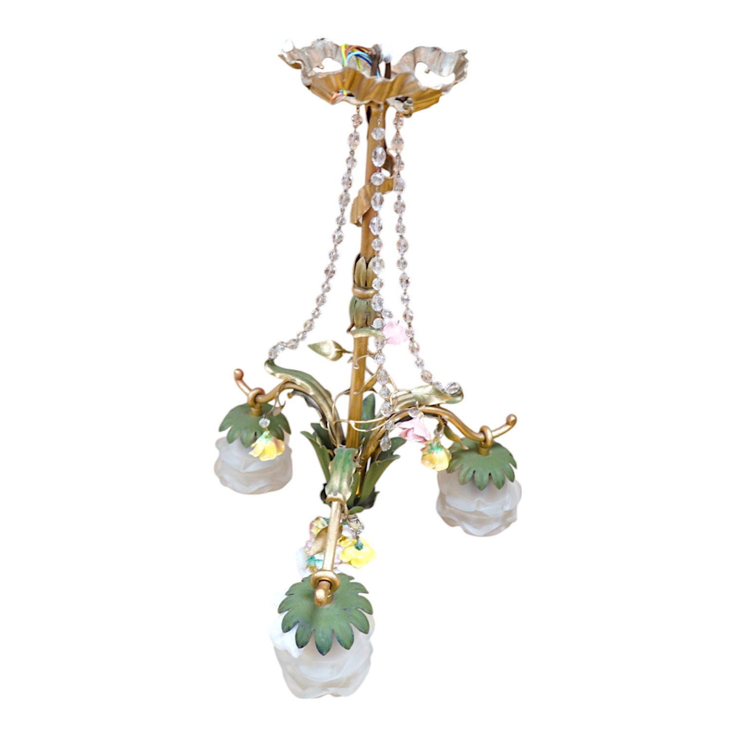 A French three arm coloured wrought iron ceiling light with frosted petal shades and porcelain flower decoration, circa 1930’s, 57cm high, 36cm across. Condition - fair